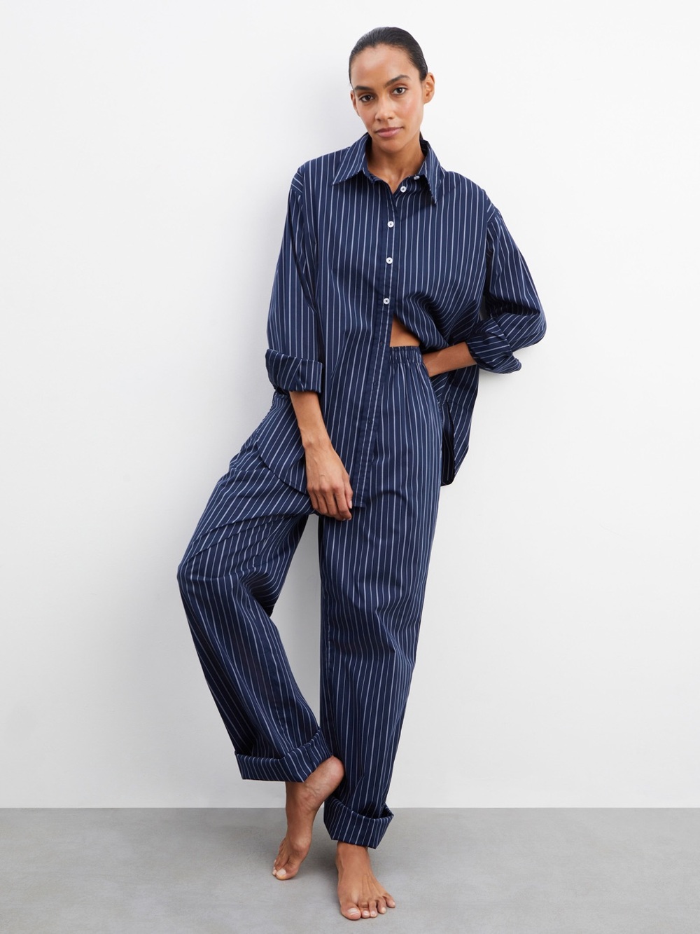 Navy Pinstripe Relaxed Pajama Set - Women